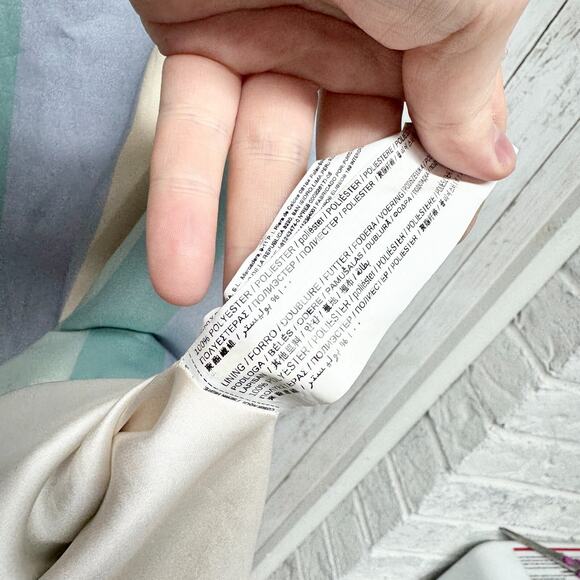 Mango Dress Women Size 8 Blue & Green Striped Shift Satin Finish Ruffled Sleeve - Picture 6 of 6